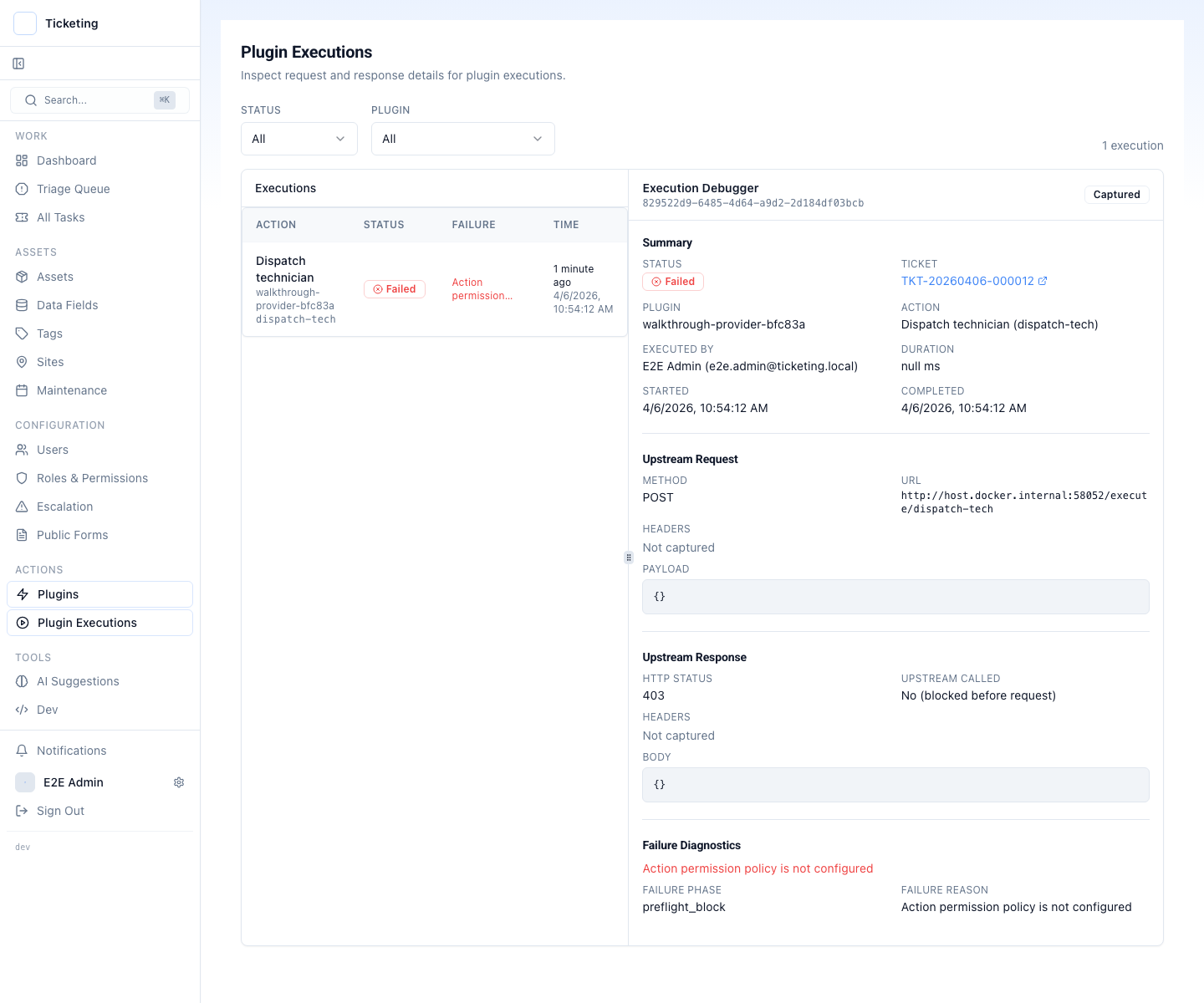 Plugin execution history showing request details, response body, and failure diagnostics