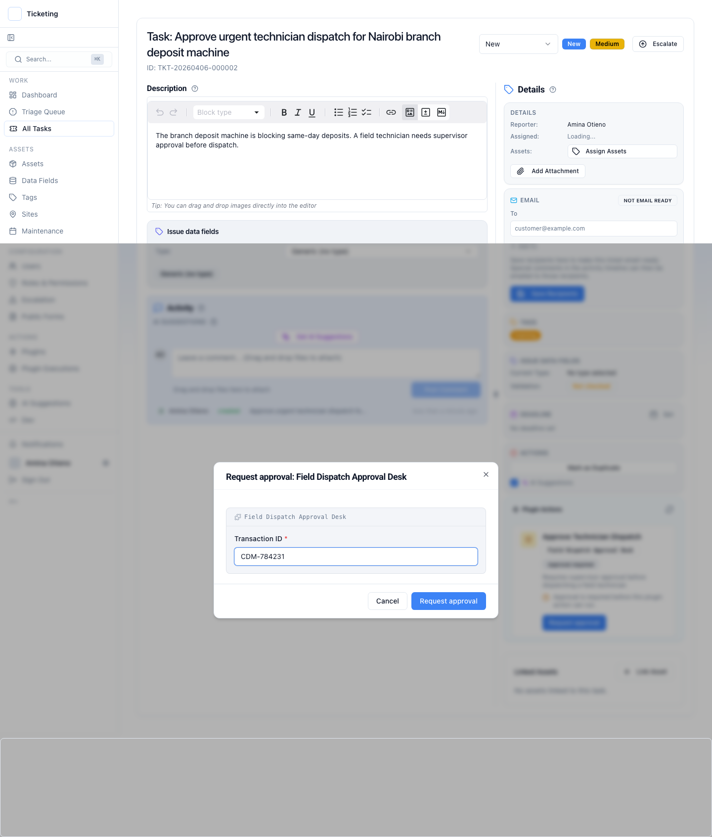Maker-checker request dialog showing transaction ID and action details submitted for second-person review