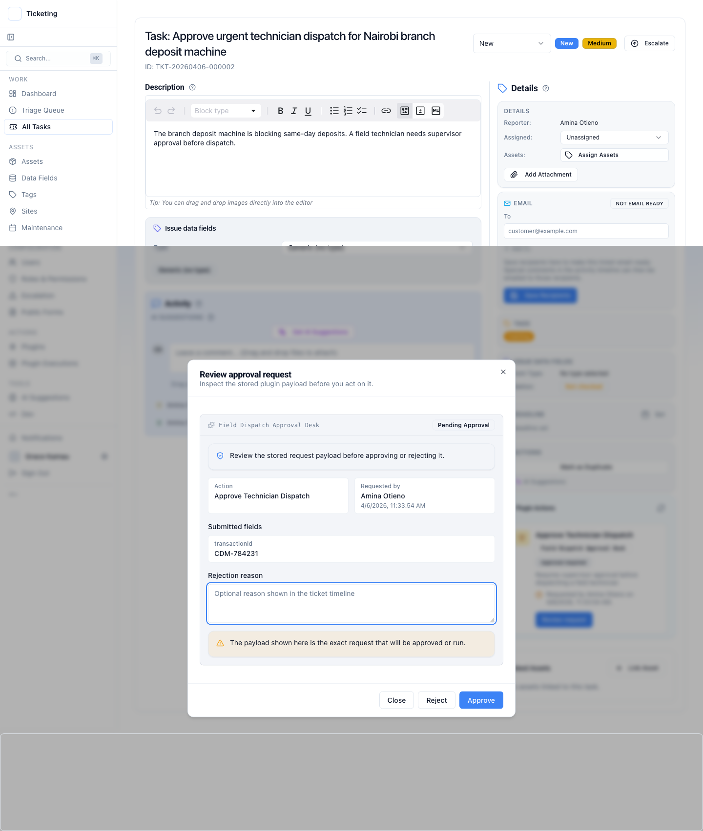 Review dialog showing the submitted request payload with approve and reject options
