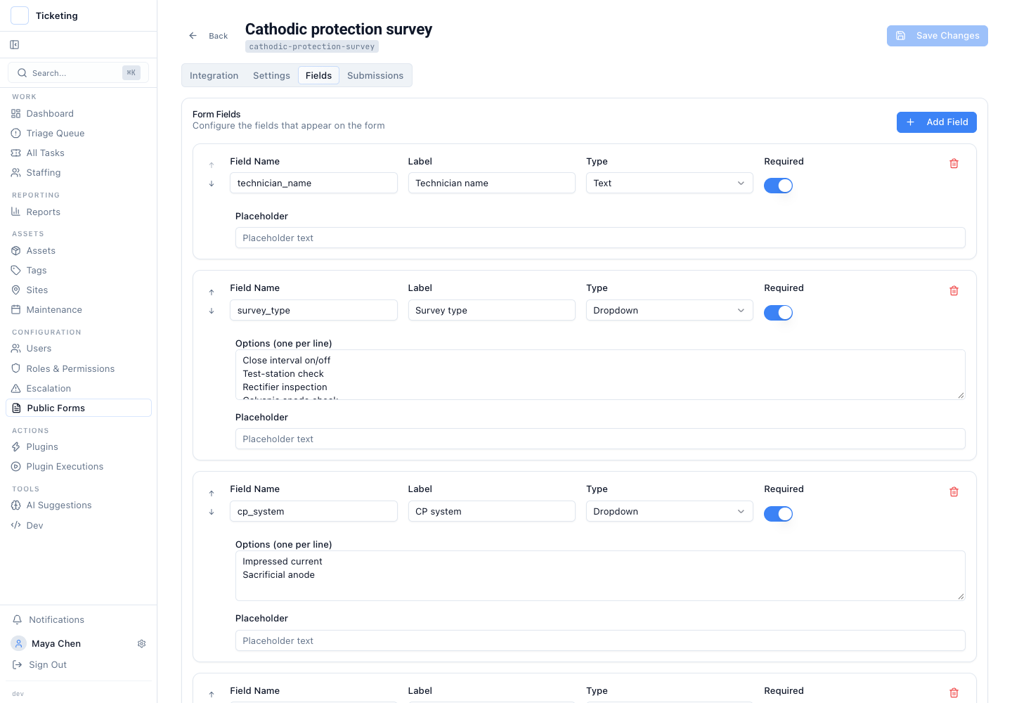 The cathodic protection survey form configured with required test-point and measurement fields.